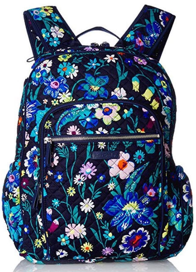 Vera Bradley quilted backpack in dark blue floral print, as an example of the best teacher backpacks