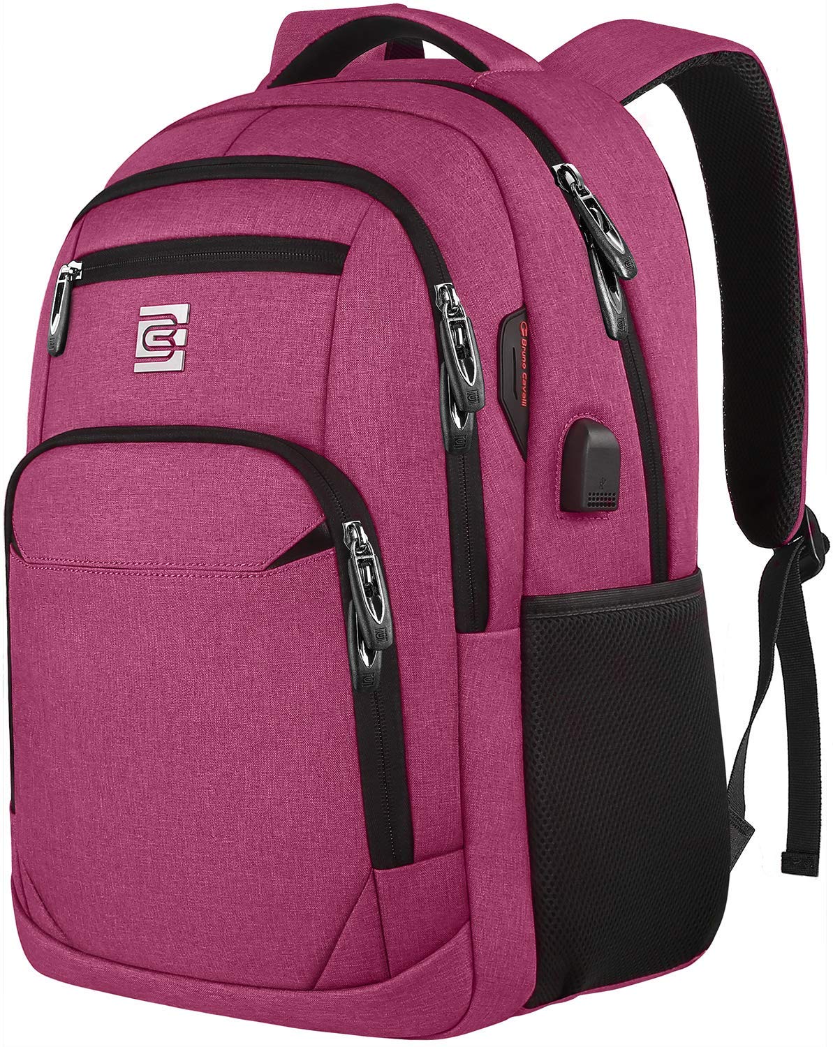 Dark pink backpack with black zippers and accents