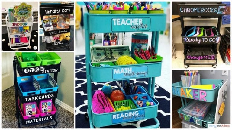 Collage of teacher cart ideas with multiple color styles and uses