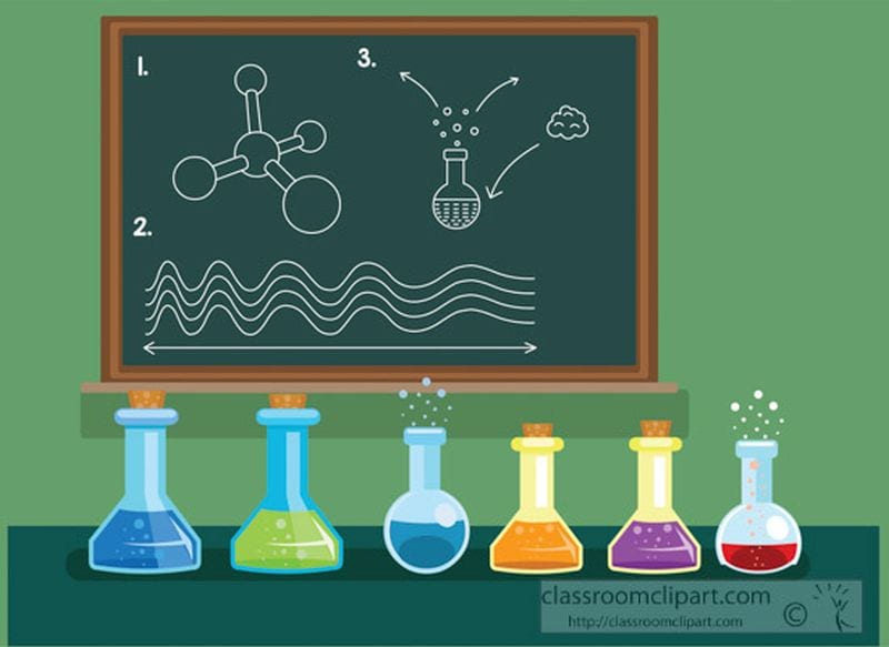 Illustration of row of beakers on a table in front of a chalkboard (Best Teacher Clipart)