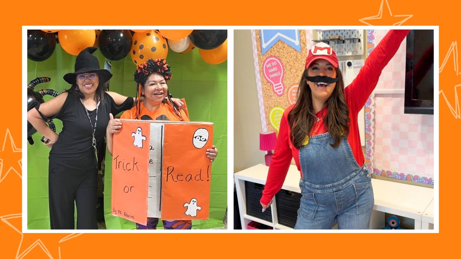 a featured image showcasing two photos of teachers dressing up in costumes for halloween