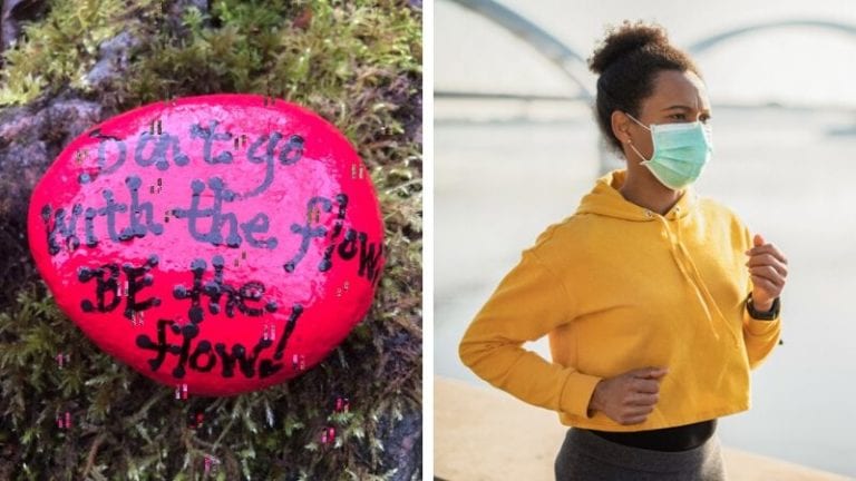 Two separate images of an African American woman jogging with a mask on and a rock painted pink with words in black paint.