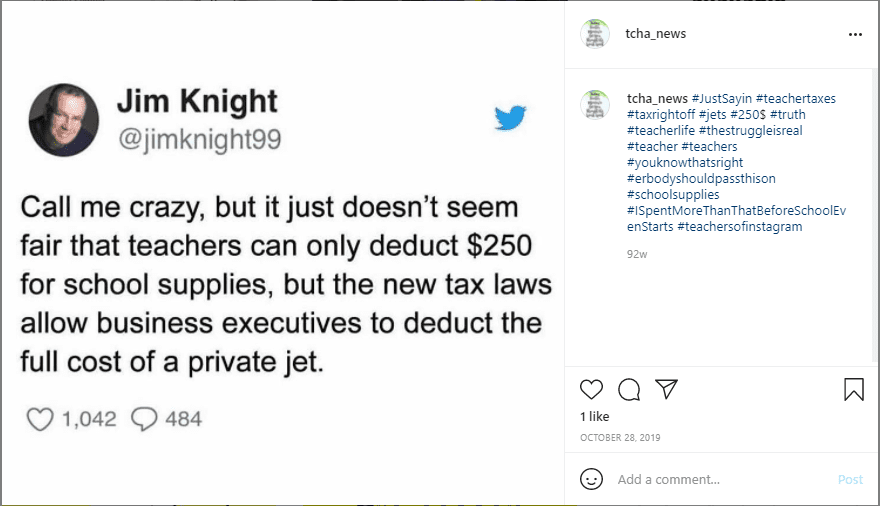 Teacher IG about the $250 tax deduction