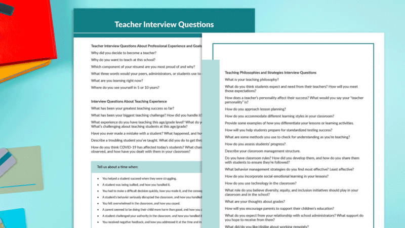 Printable teacher interview questions on desk as a GIF.