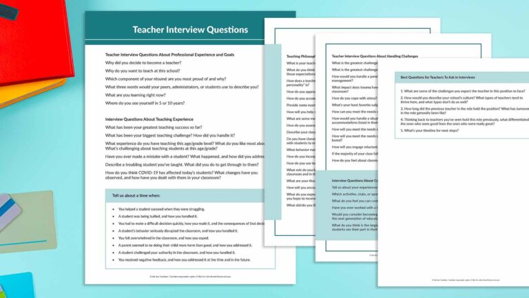 Printable teacher interview questions on desk.