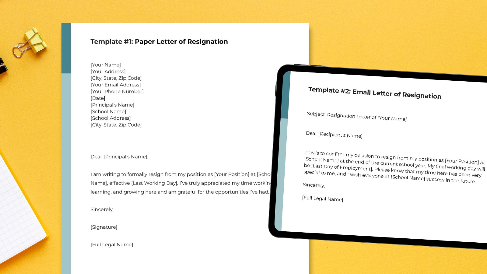Teacher resignation letter on desk and on tablet.