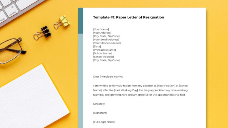 Teacher resignation letter on desk.