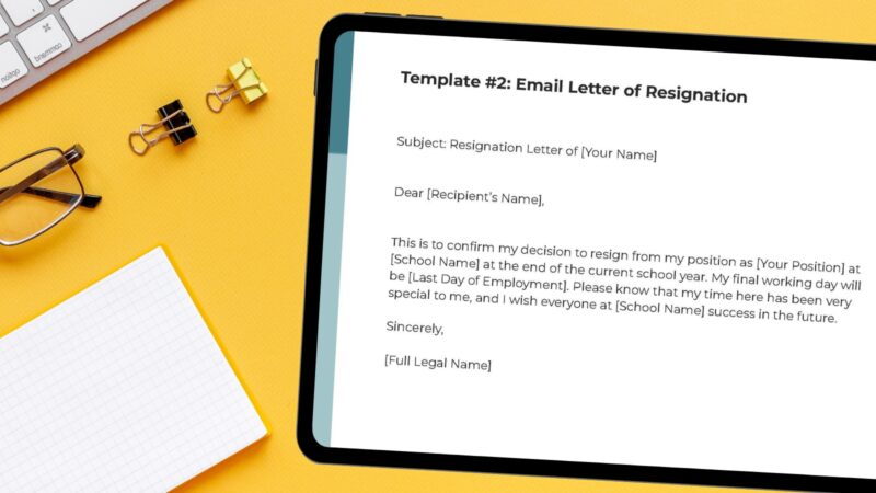 Teacher resignation letter on tablet.