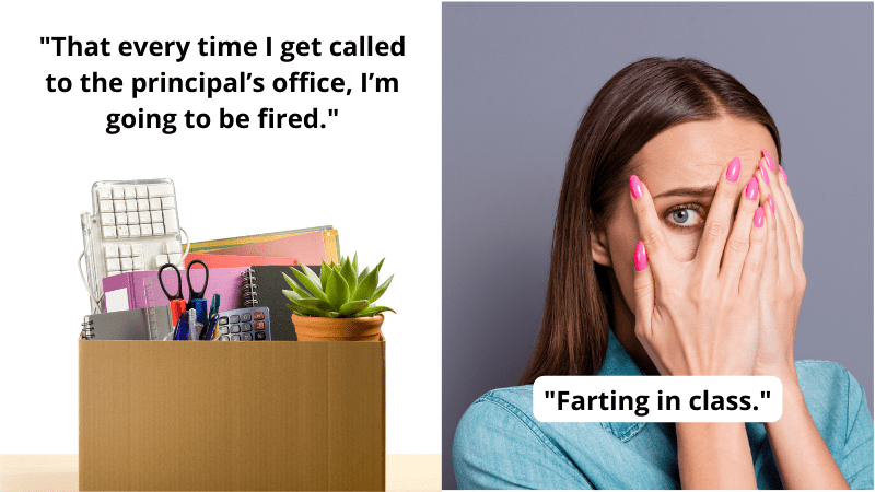 Paired images of a box with desk belongings packed up and an embarrassed woman peeking out from her hands - examples of teacher insecurities