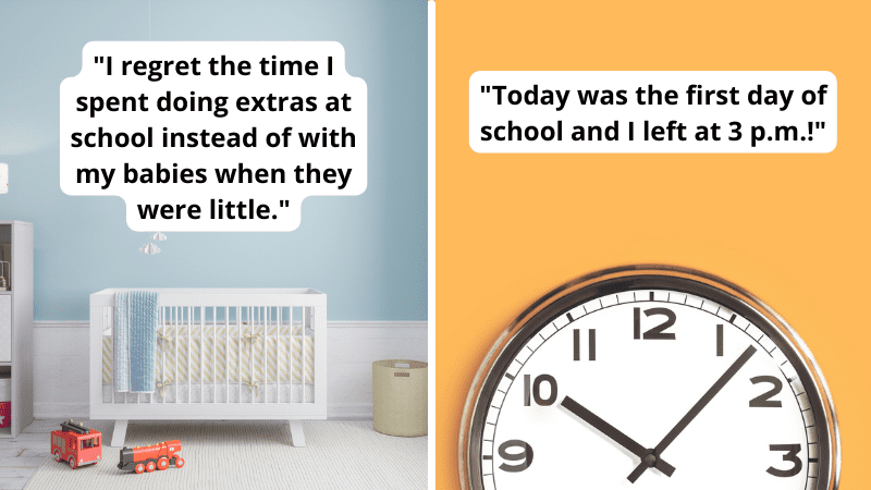 Paired image of a crib and school clock with quotes from Reddit