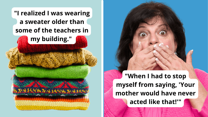 Paired image of a stack of sweaters and a teacher with hand over mouth