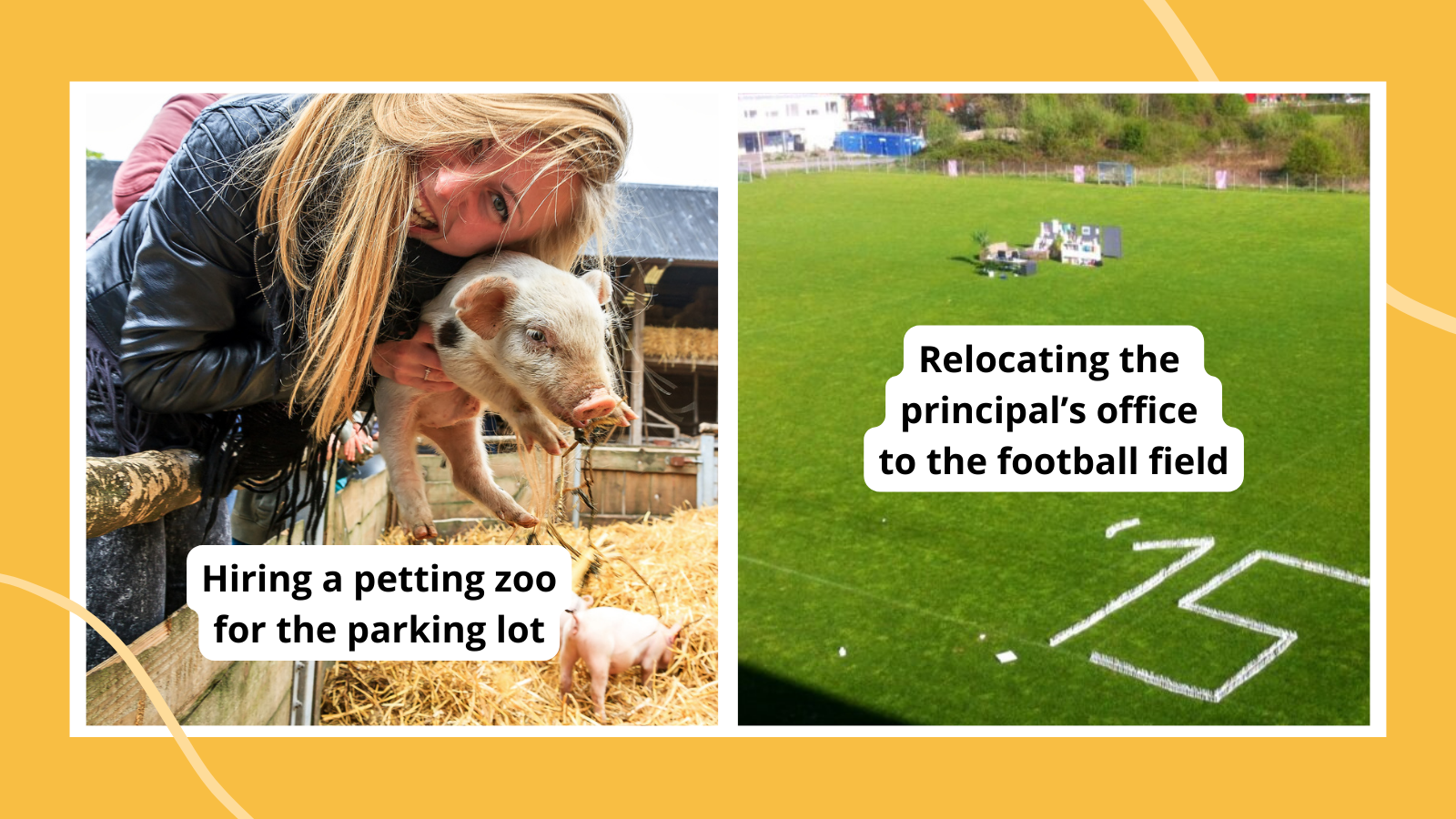 Paired image of senior pranks: high school petting zoo and relocating principal's office