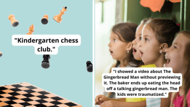Paired images of flying chess board and scared kids as examples of things teachers will never do again