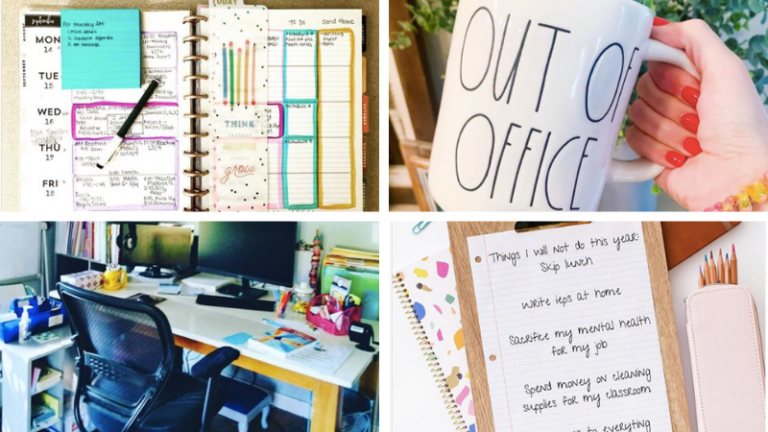 Four different images of a coffee cup that reads, "Out of Office," a teacher's desk, and two different, colorful planners.