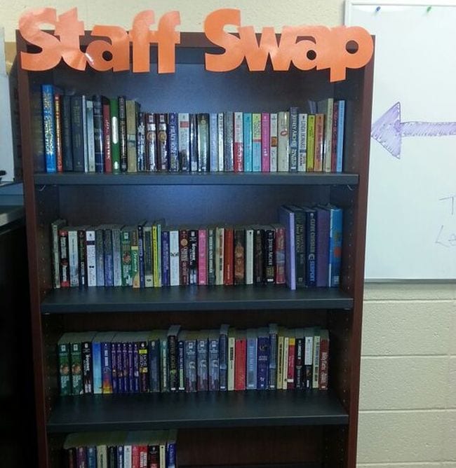 Bookshelf labeled Staff Swap from Melissa Zonin on Pinterest