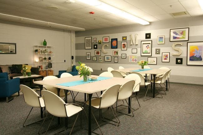 Teachers lounge with striped gallery wall from Restyle It Wright