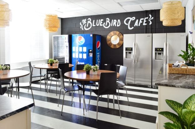 Black and white themed lounge called Bluebird Cafe from Young House Love