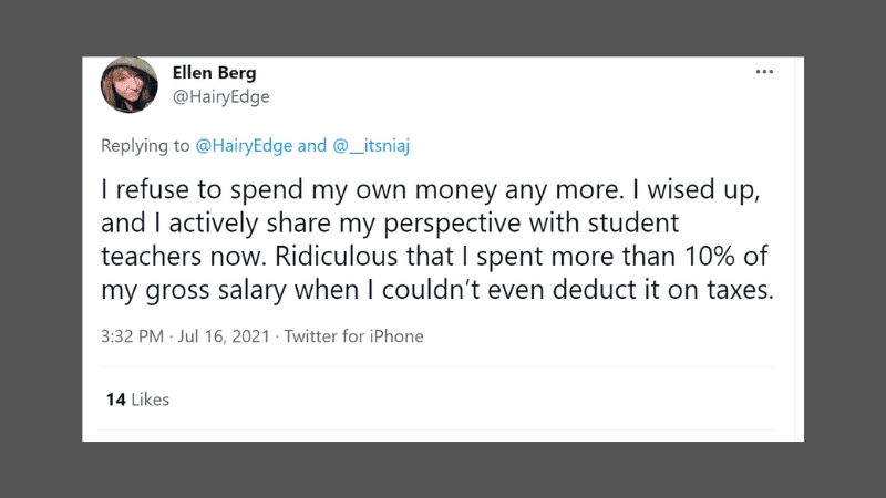 Tweet sharing why teacher is not spending on her classroom