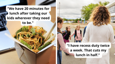 Paired image of a teacher working through lunch and a teacher on recess duty to show how much duty-free time teachers have