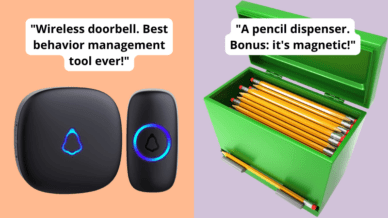 Paired images of small, inexpensive teacher things: wireless doorbell and pencil dispenser