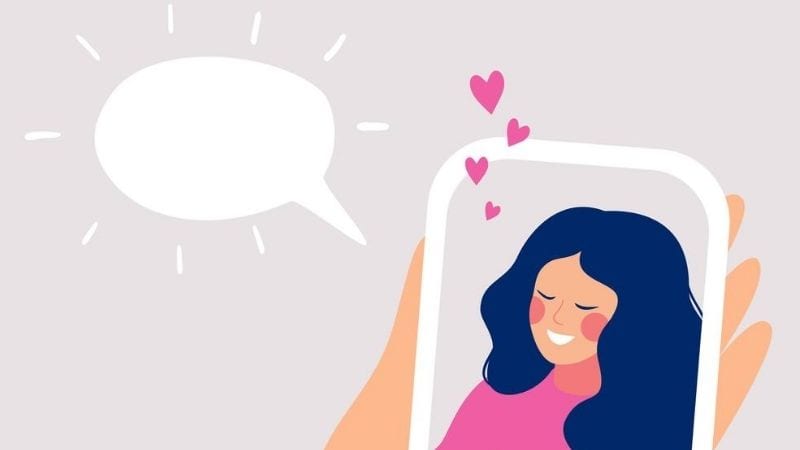 A cartoon sketch of a lady blushing with hearts coming from the phone with a comment icon.