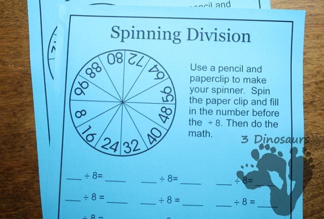 Spinning Division worksheet with spinner wheel and division problems with blanks