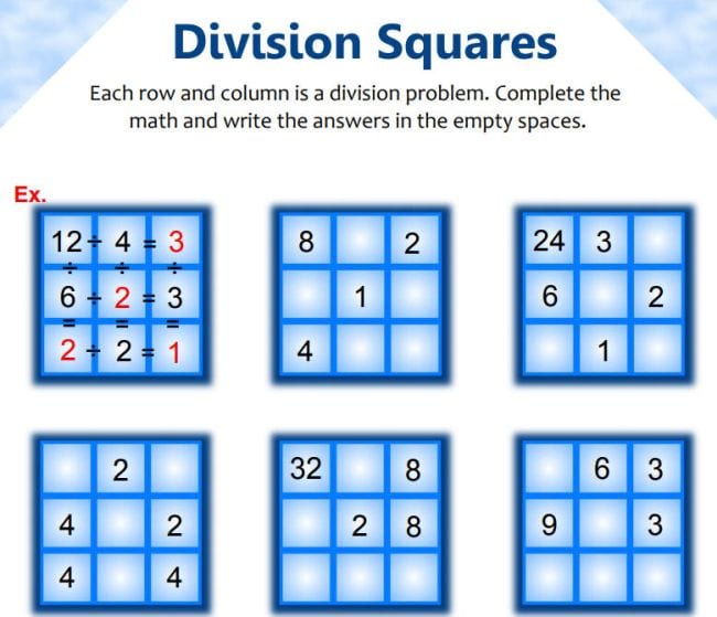 Division Squares: Each row and column is a division problem. Complete the math and write the answers in the empty spaces.