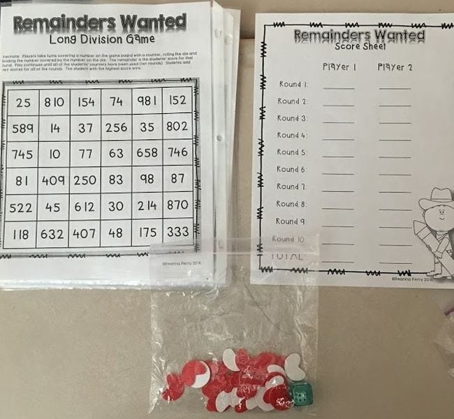 Remainders Wanted division game worksheets with bag of markers (Teaching Division)