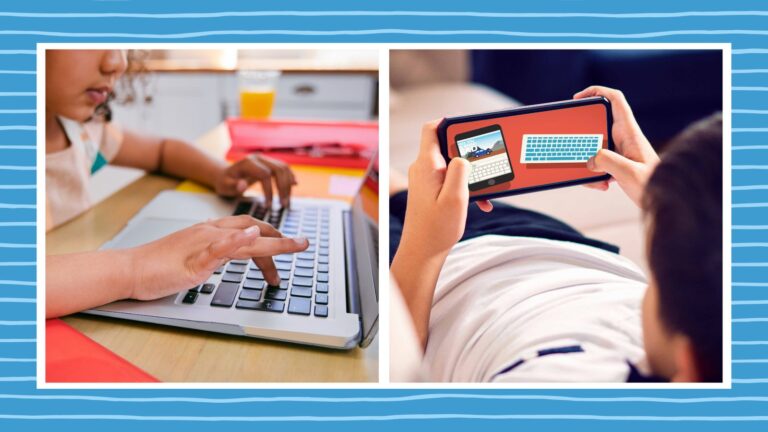 Two images of young students learning how to type