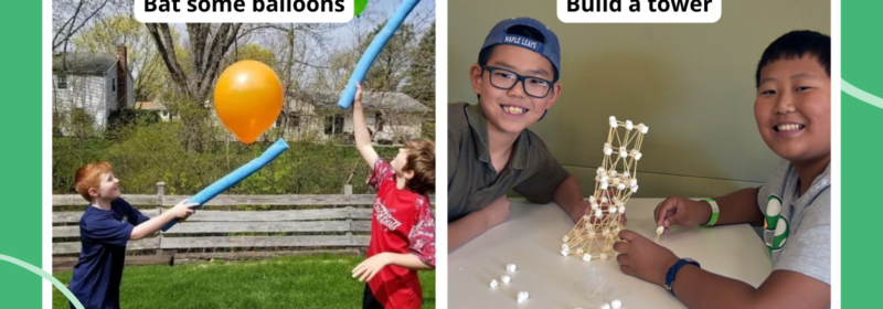 Collage of team building activities, including balloon bat and a STEM challenge