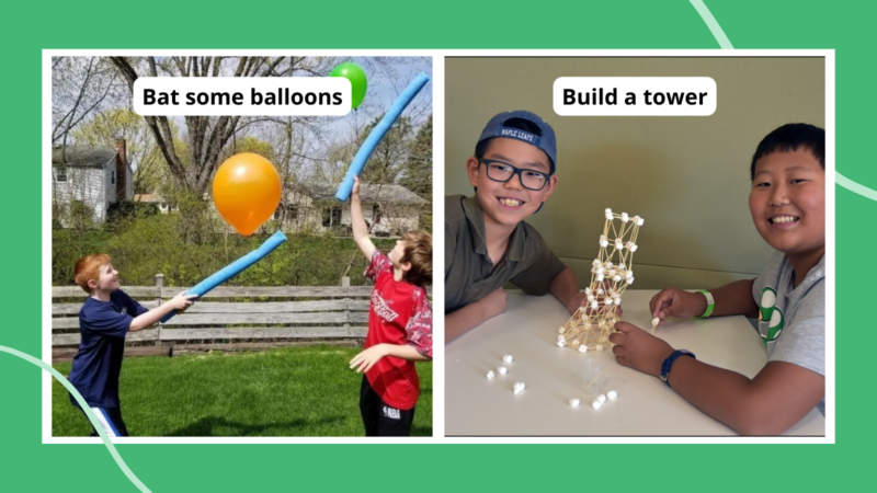 Collage of team building activities, including balloon bat and a STEM challenge