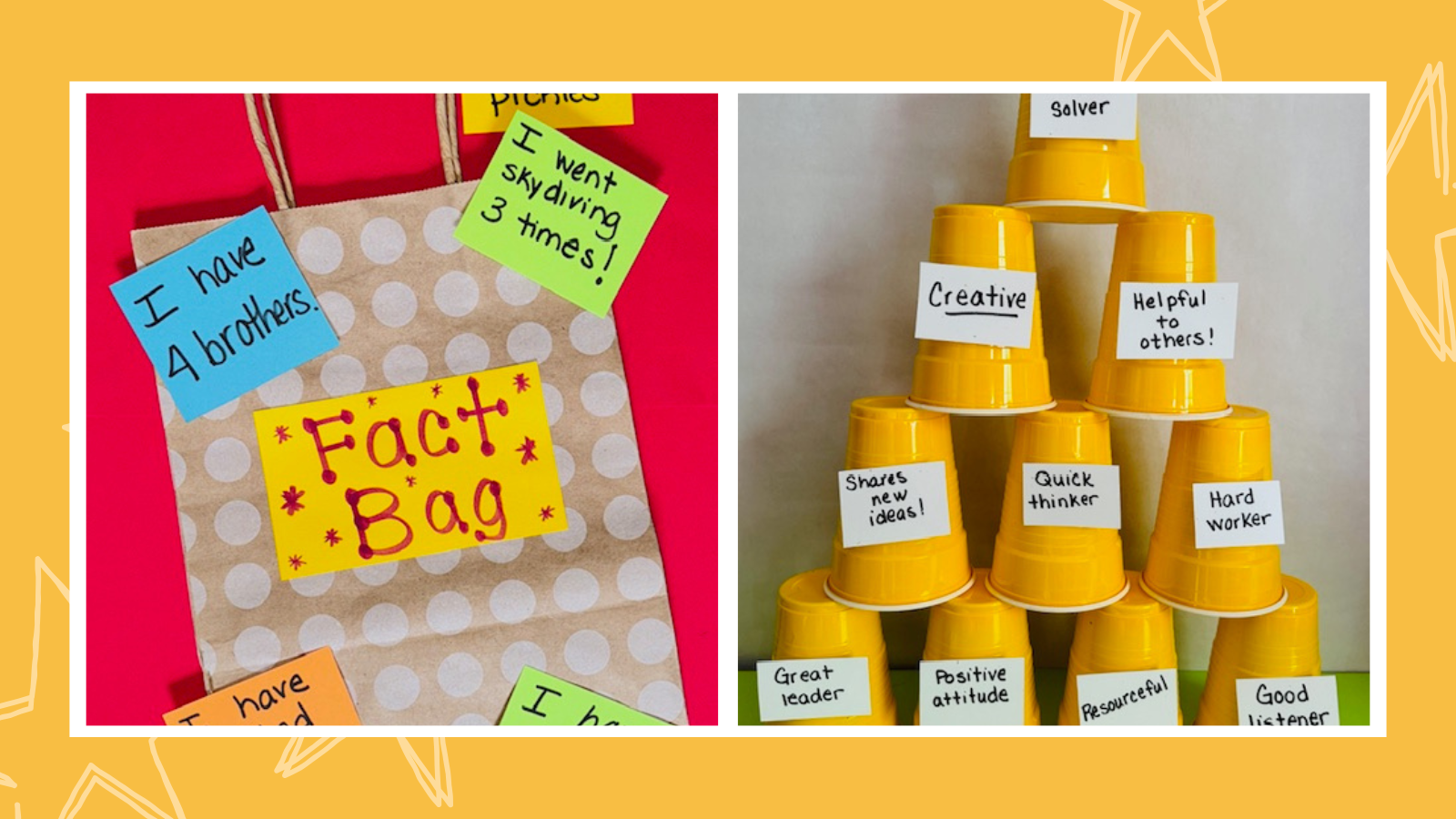 Examples of team building games for adults including a cup stacking challenge and fact bag.