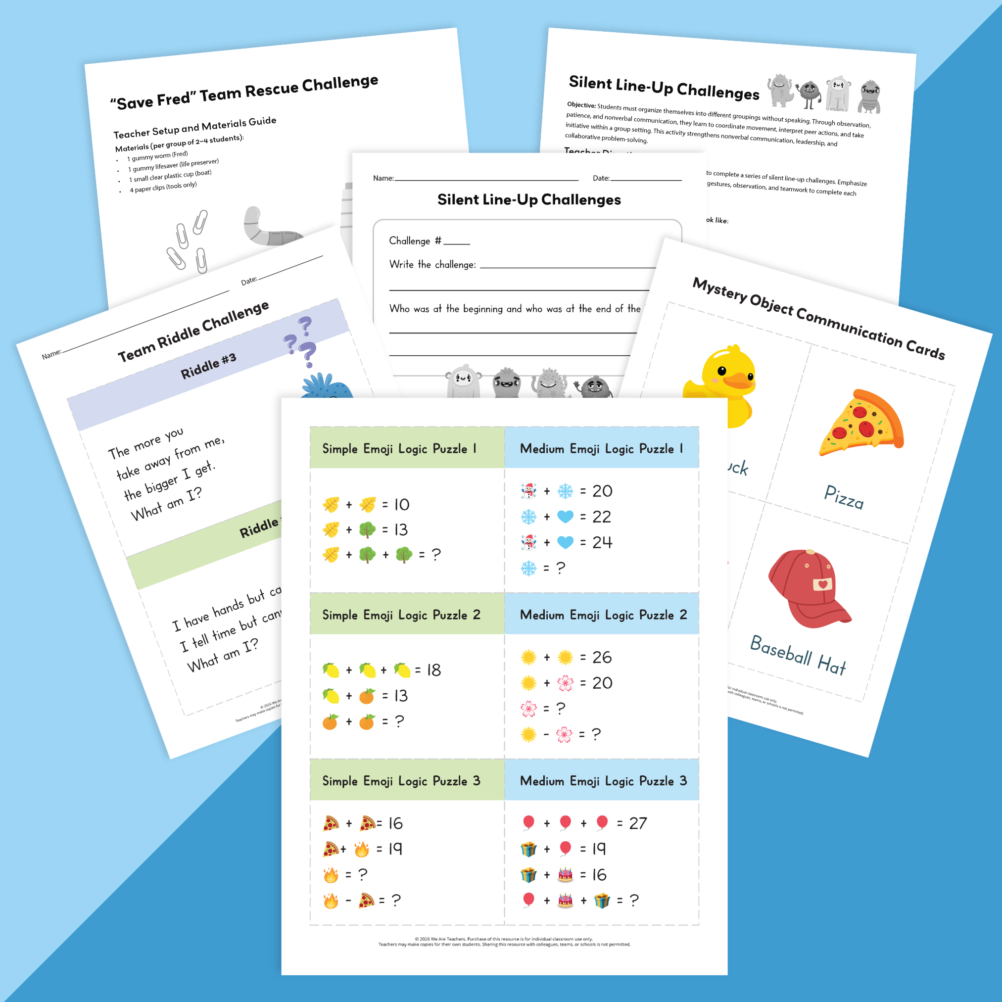 Image of a collection of worksheets from the Elementary Team Building & Collaboration Activity Kit.
