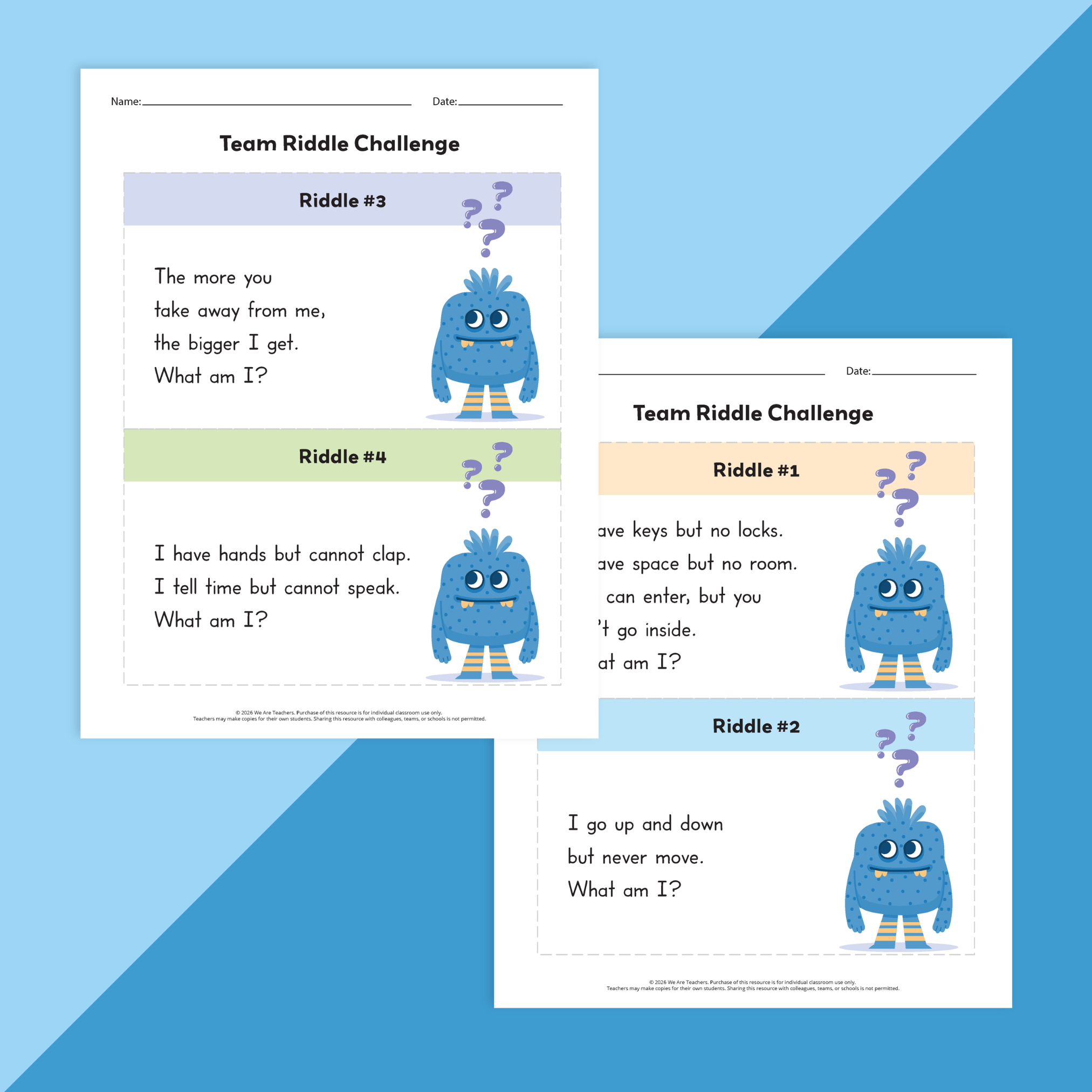 Image of two pages featuring fun monsters as part of an elementary team building activity.
