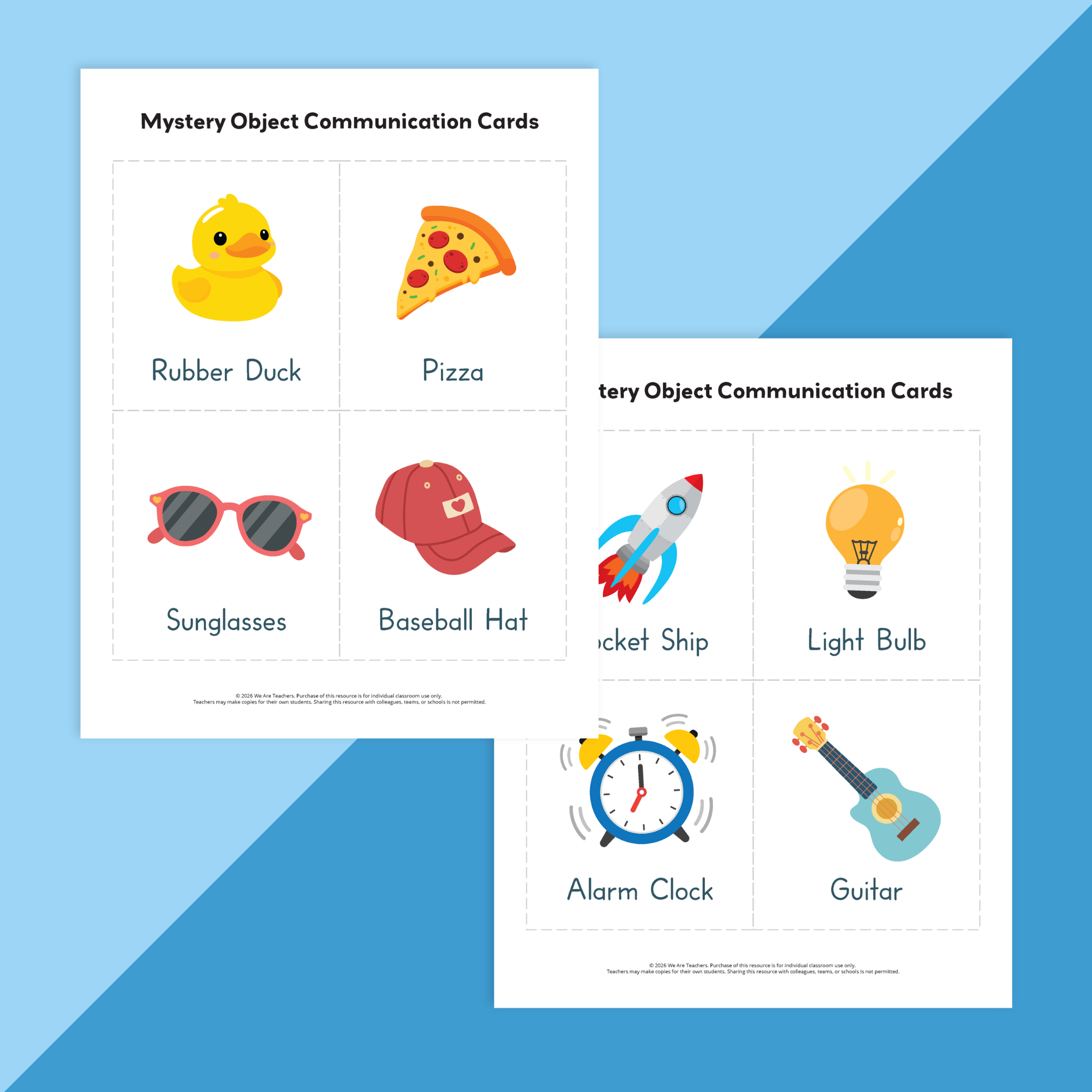 Two team building worksheets showing various items like a rubber duck, pizza, sunglasses, and a light bulb.