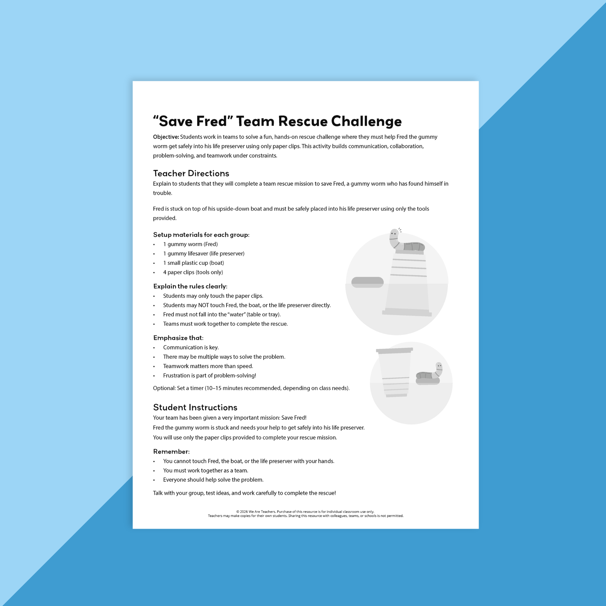 Image of one worksheet describing a variety of challenges in the Elementary Team Building & Collaboration Activity Kit.