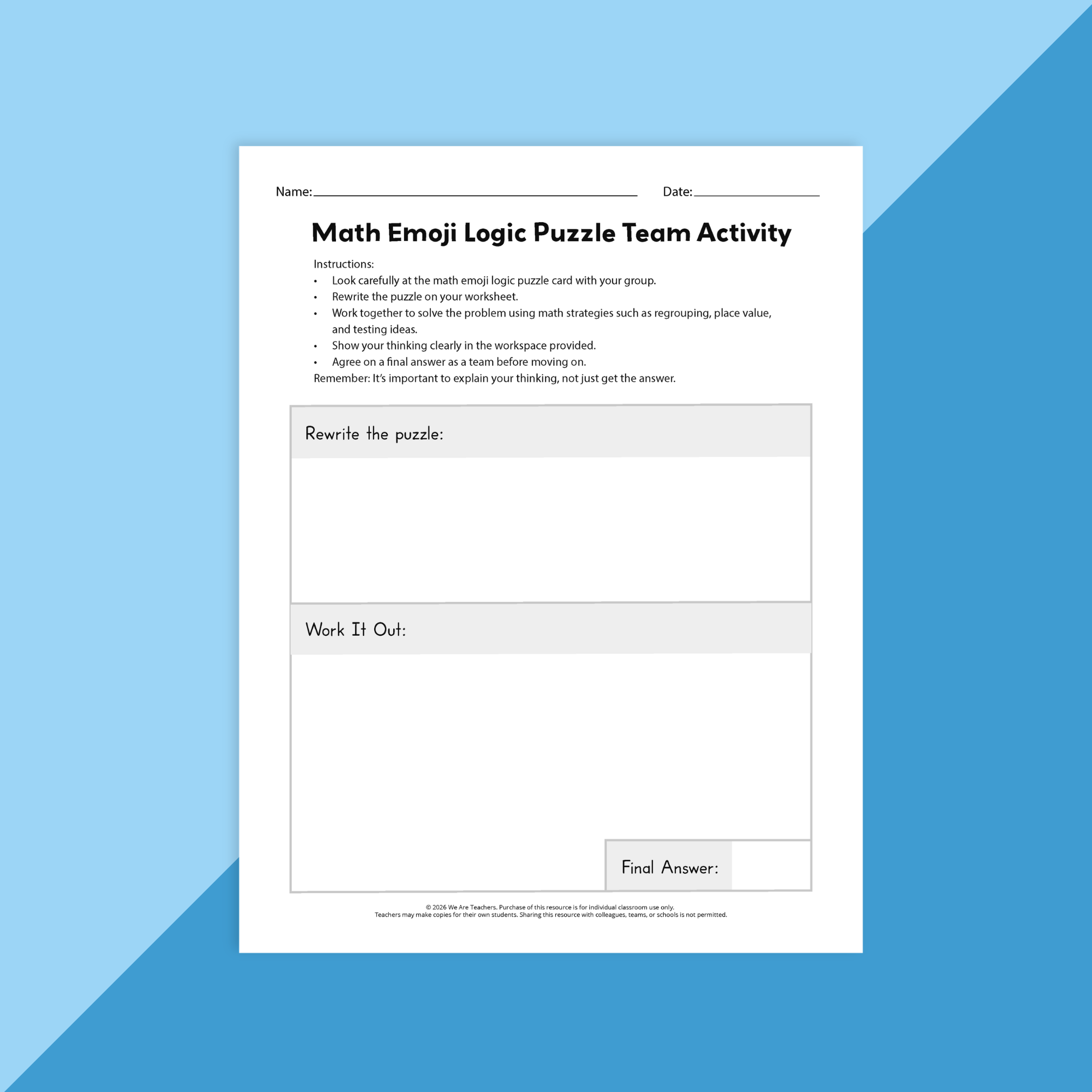 Image of a team building worksheet for elementary students.