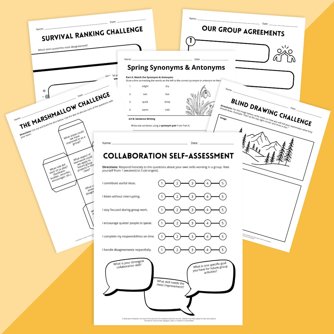 Images of several activities in the Elementary Team Building & Collaboration Activity Kit.