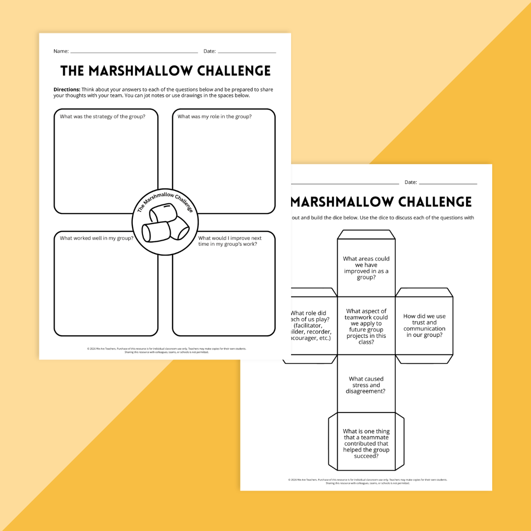 Images from the Marshmallow Challenge activity in the Elementary Team Building & Collaboration Activity Kit.