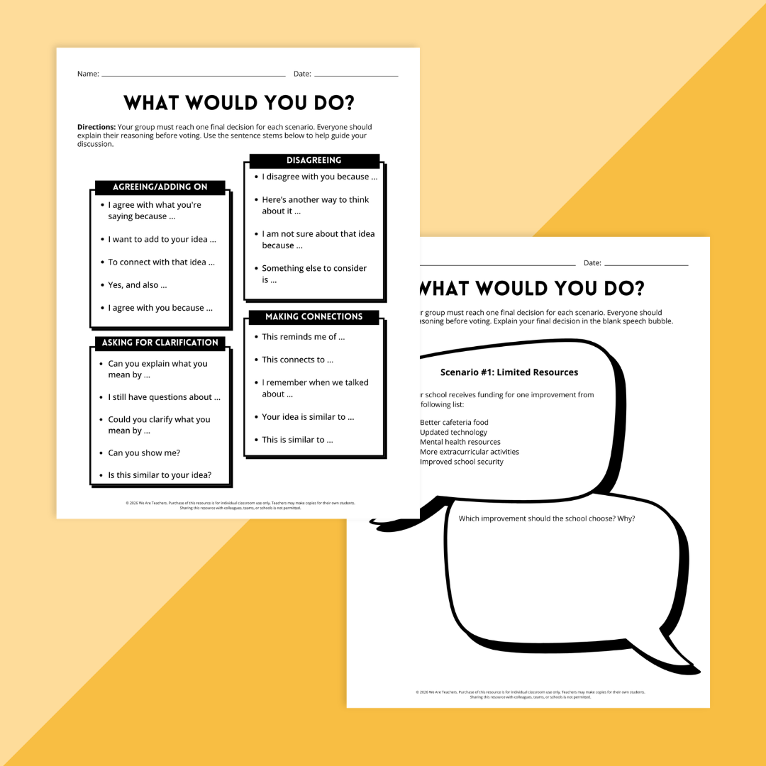 Image of two pages from a What Would You Do? activity to build classroom collaboration.