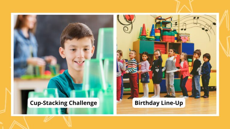 Collage of team building activities, including cup-stacking challenge and birthday line-up