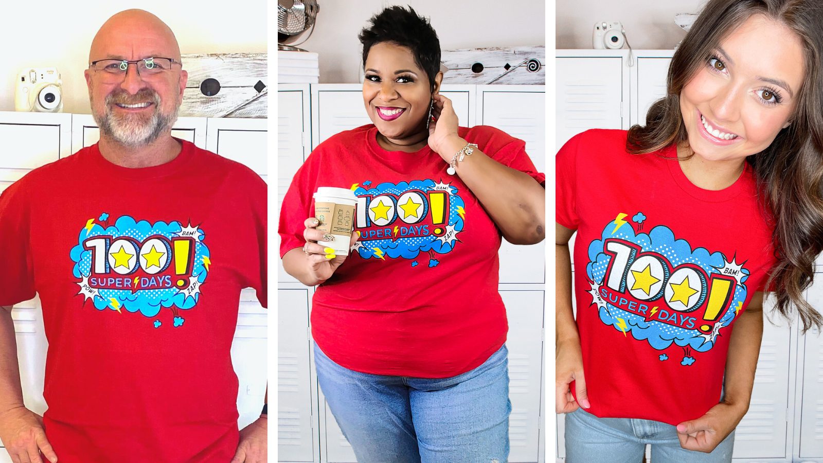 Photos of three people wearing a 100 days of school T-shirt