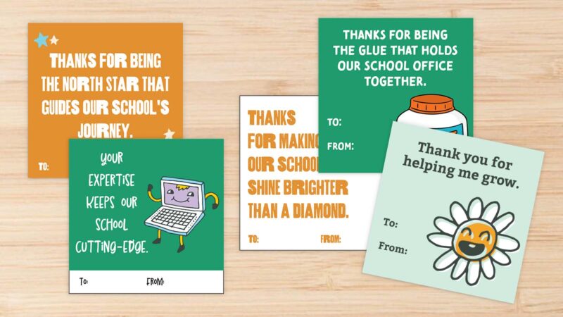Examples of thank you cards for secretaries, IT pros, custodian, and principals