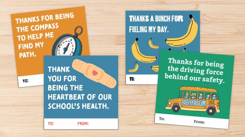 Examples of thank you cards for school staff including the nurse, custodian, cafeteria worker and secretary