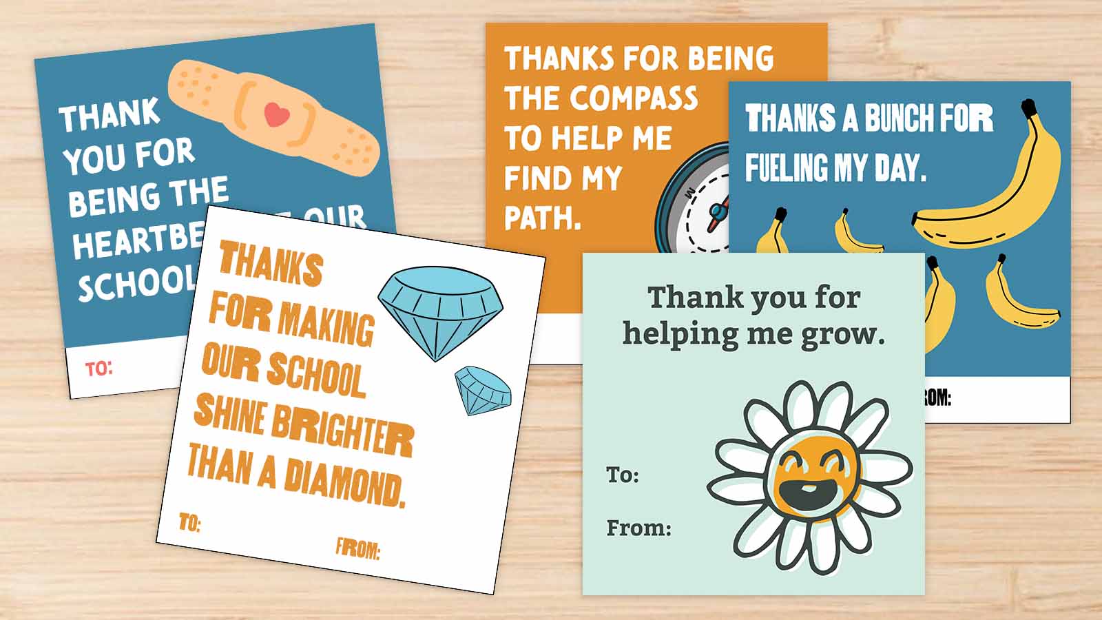 Examples of five different thank you cards for school staff members like nurses, custodians, paraprofessionals, and more.