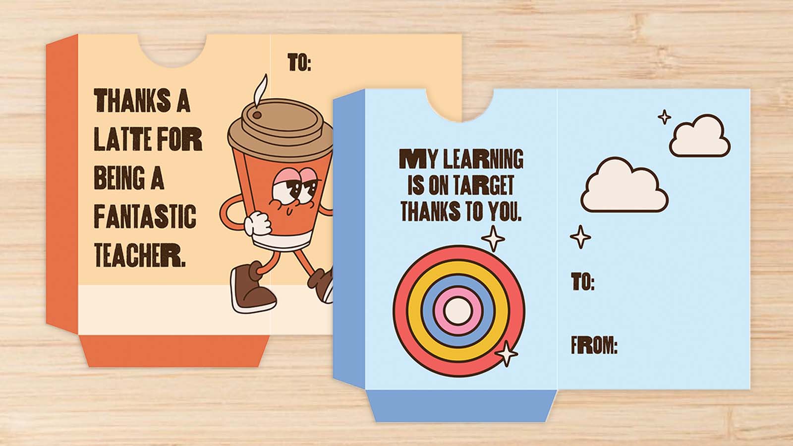 Examples of printable teacher thank you gift card holders including one for Target and one for Starbucks.