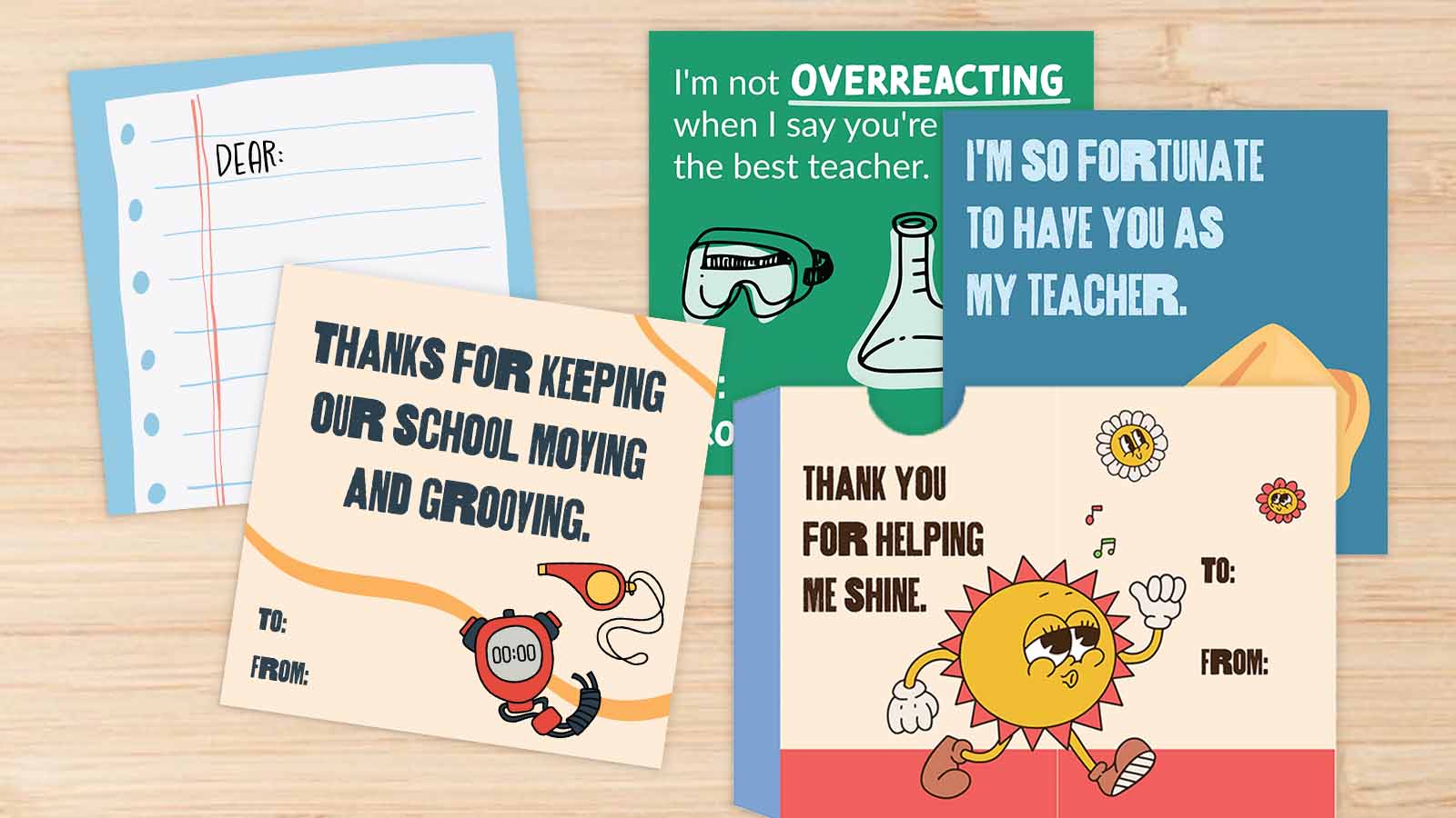 Examples of free printable teacher thank you cards.