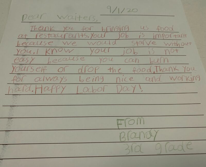 Letter written by third grader to community helper