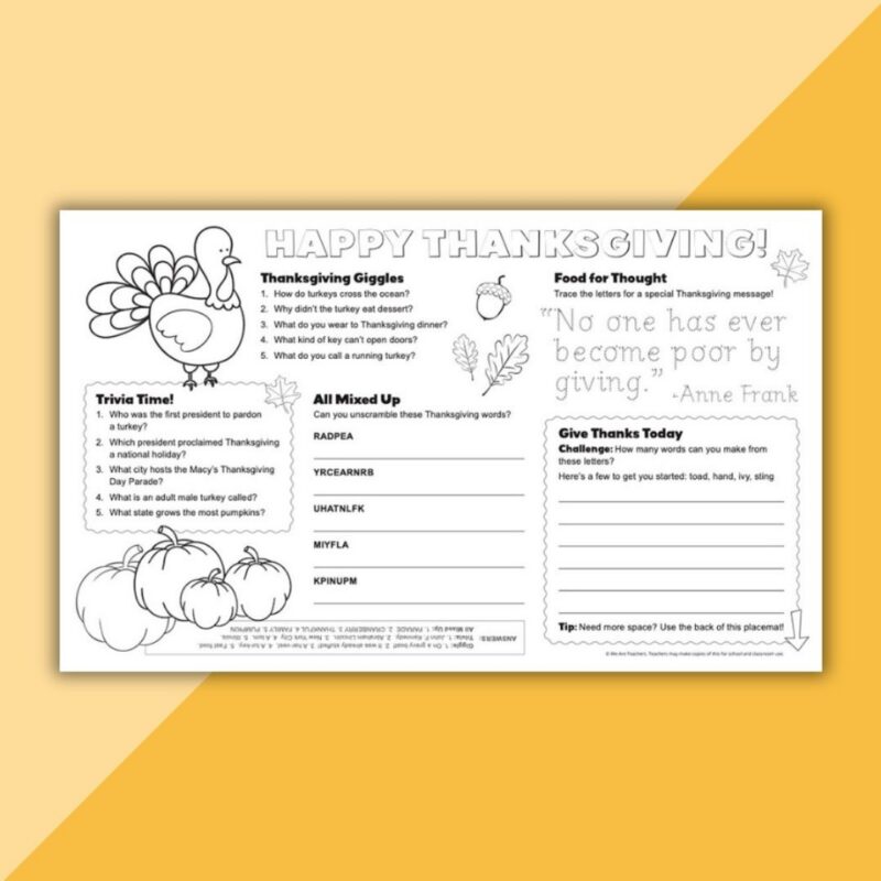 Thanksgiving Activity Placemats (2) ELA-themed free printable Thanksgiving placemats