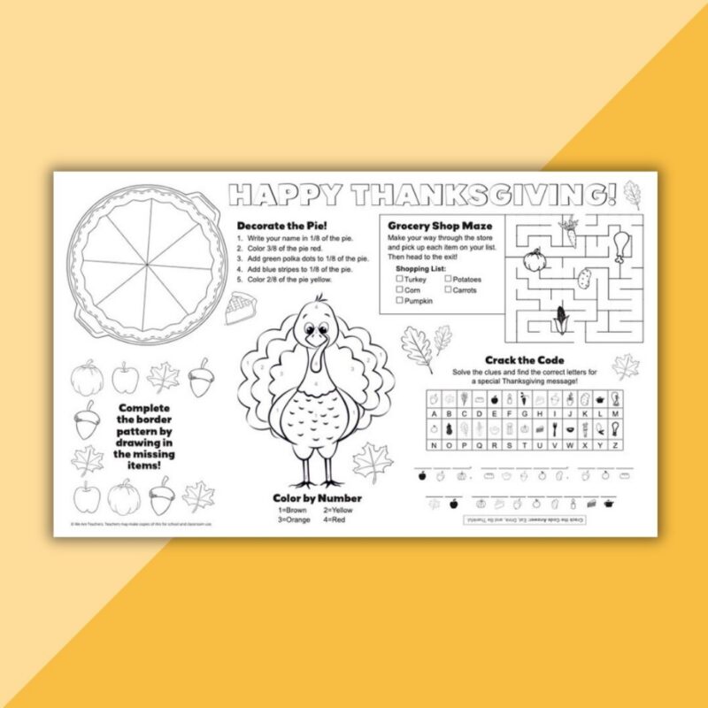 Thanksgiving Activity Placemats (3) Free printable placemat for Thanksgiving with a math theme